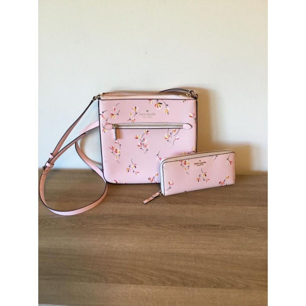 Kate Spade Sadie Saffiano Leather Crossbody Bag & Wallet Pink Floral Print